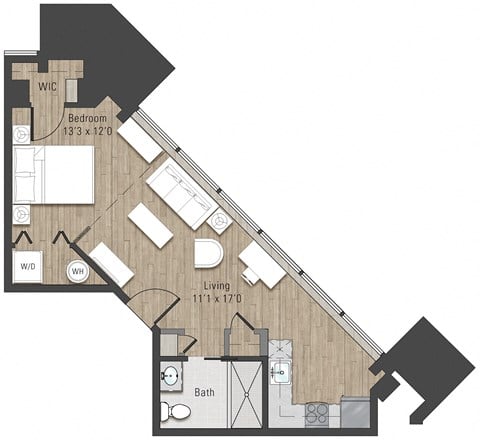 Floor plan for studio, 1 bath, 580 sqft